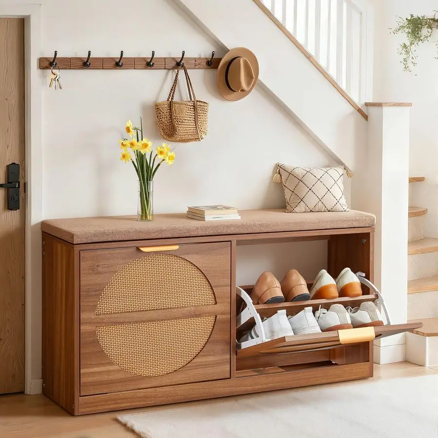 Shoe Storage Bench, Rattan Entryway Bench with Coat Rack amp Padded Cushion, Shoe Cabinet Holds up to 440 lbs, 38.9x 9.4x19.7 I
Shoe Storage Bench, Rattan Entryway Bench with Coat Rack amp Padded Cushion, Shoe Cabinet Holds up to 440 lbs, 38.9x 9.4x19.7 I