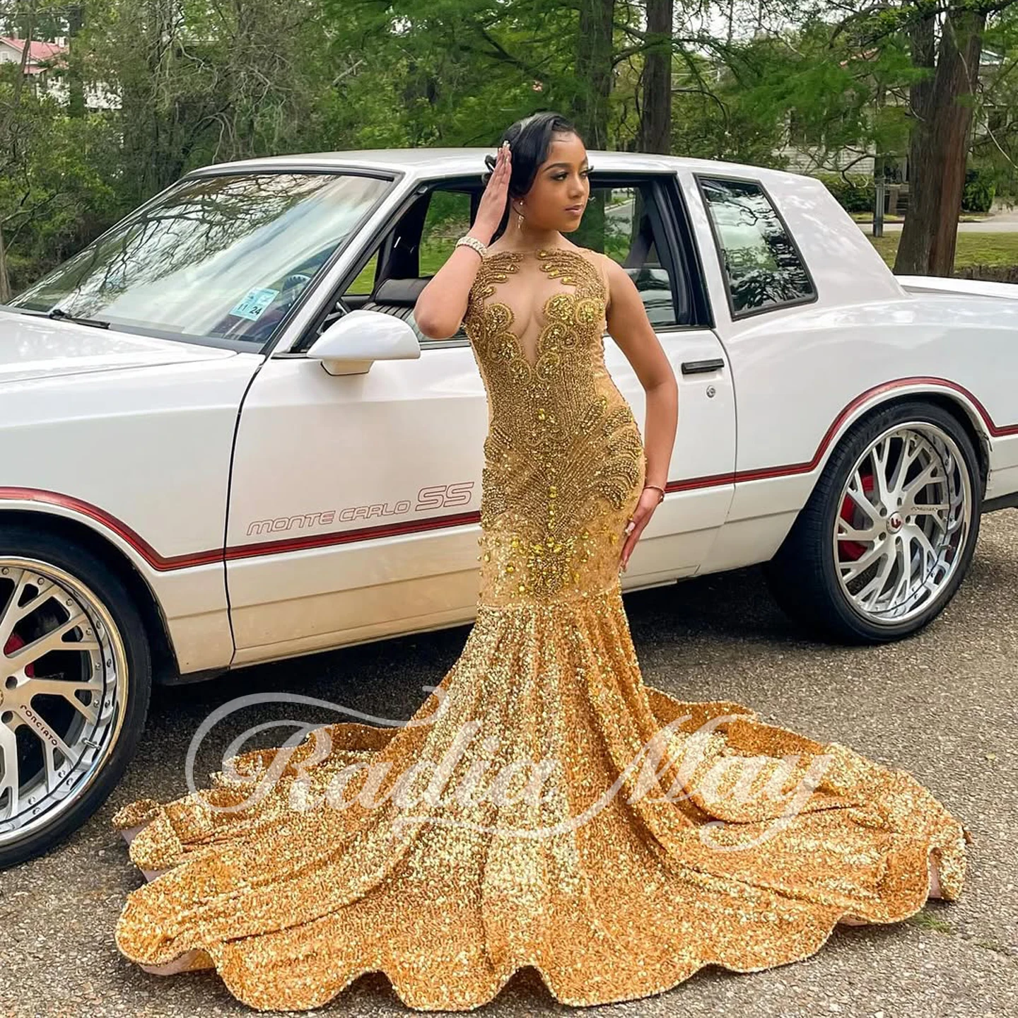 Radia May Customized Gold Sequins Mermaid Evening Dress with 3D Beaded Lace Appliques Deep V-Neck Open Back Prom Dress BP089
Radia May Customized Gold Sequins Mermaid Evening Dress with 3D Beaded Lace Appliques Deep V-Neck Open Back Prom Dress BP089