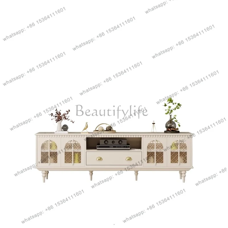 French retro solid wood TV cabinet household living room wall glass with sensor light
French retro solid wood TV cabinet household living room wall glass with sensor light