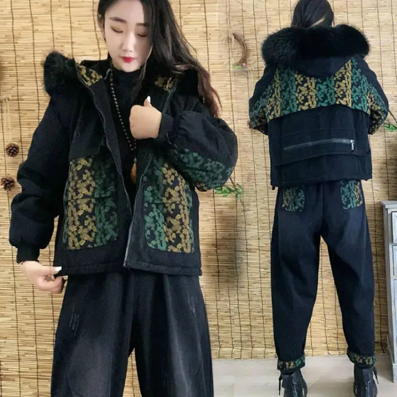Retro Ethnic Print Denim Suit Women's Autumn Loose Hooded Zipper Long Sleeves Denim Jacket Straight Harem Pants Two-piece Set
Retro Ethnic Print Denim Suit Women's Autumn Loose Hooded Zipper Long Sleeves Denim Jacket Straight Harem Pants Two-piece Set