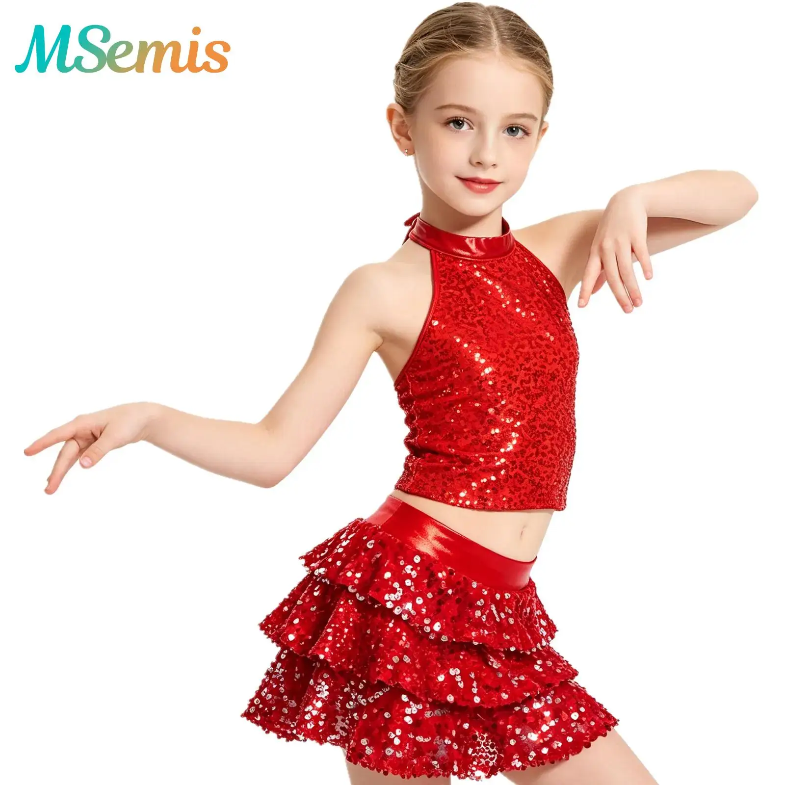 Kids Girls Cheerleading Hip Hop Jazz Dance Performance Costume Halter Sequin Crop Top with Tiered Ruffle Skirted Shorts Culottes
Kids Girls Cheerleading Hip Hop Jazz Dance Performance Costume Halter Sequin Crop Top with Tiered Ruffle Skirted Shorts Culottes