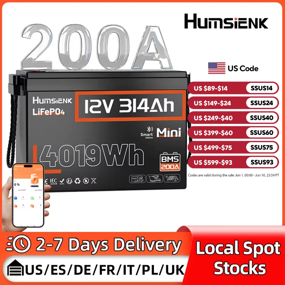 Humsienk Bluetooth LiFePO4 Battery 12V 314AH With 200A BMS A+ Cells 15000 Cycles Real- time Monitor For Outdoor / Household
Humsienk Bluetooth LiFePO4 Battery 12V 314AH With 200A BMS A+ Cells 15000 Cycles Real- time Monitor For Outdoor / Household