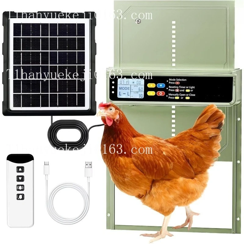 Automatic farm chicken door solar power supply 4 automatic modes light sensor, timer remote control anti-pinch safety USB backup
Automatic farm chicken door solar power supply 4 automatic modes light sensor, timer remote control anti-pinch safety USB backup