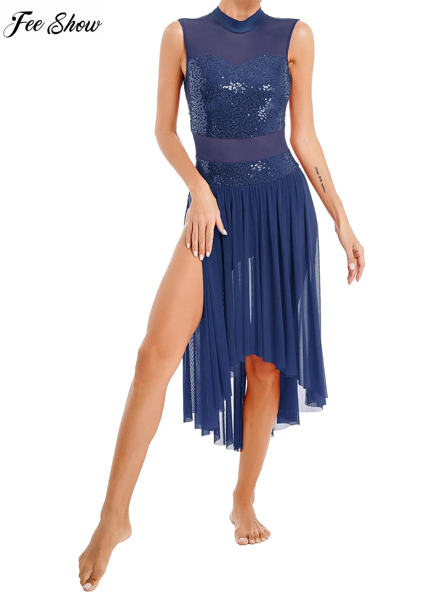 Womens Dance Performance Costume Sparkly Sequins Backless Strappy Dress Sheer Mesh Patchwork Sleeveless Leotard Dresses
Womens Dance Performance Costume Sparkly Sequins Backless Strappy Dress Sheer Mesh Patchwork Sleeveless Leotard Dresses
