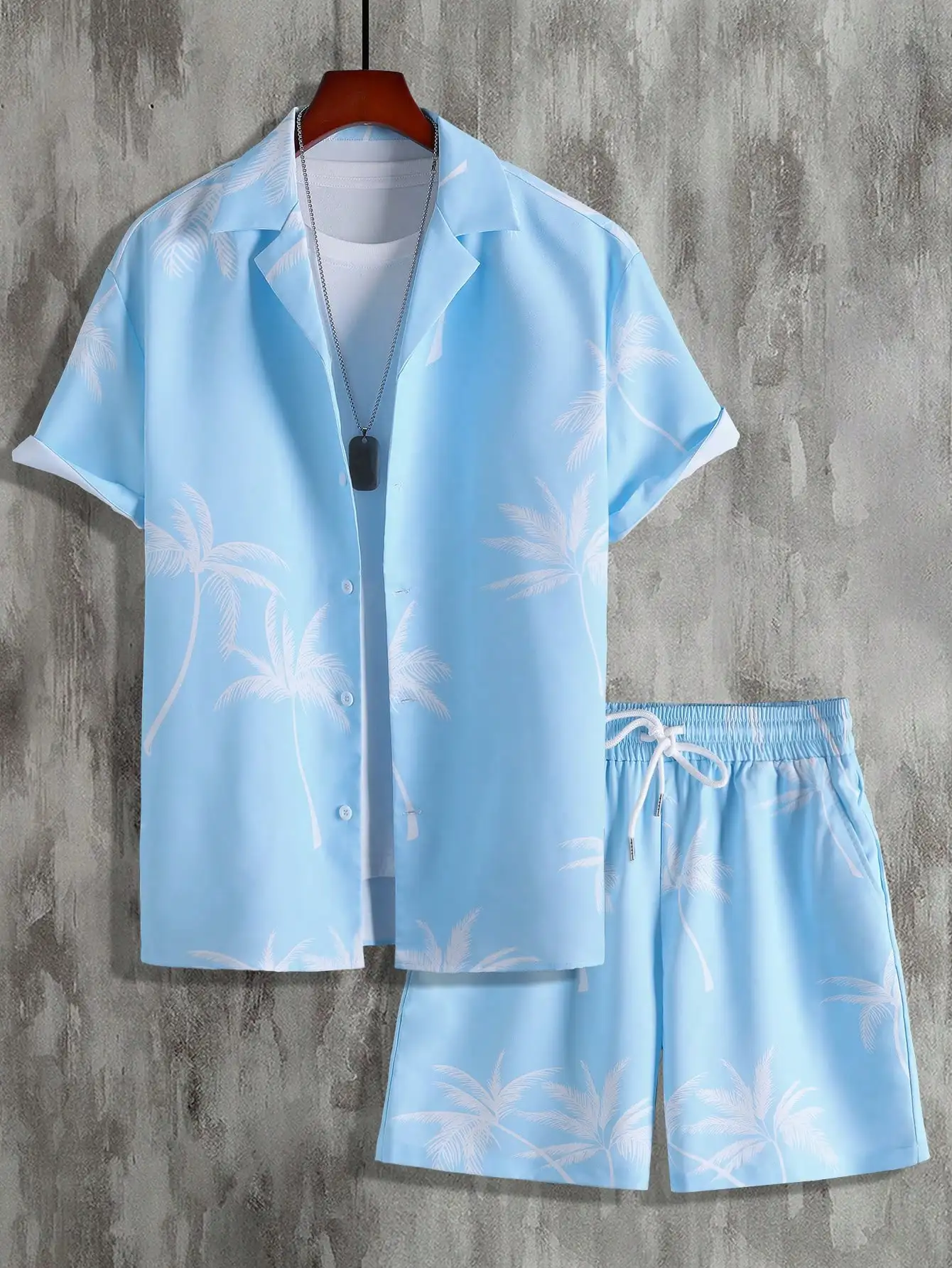 Mens Light Blue And White Palm Tree Print Short Sleeve Shirt And Shorts Set Casual Beachwear
Mens Light Blue And White Palm Tree Print Short Sleeve Shirt And Shorts Set Casual Beachwear