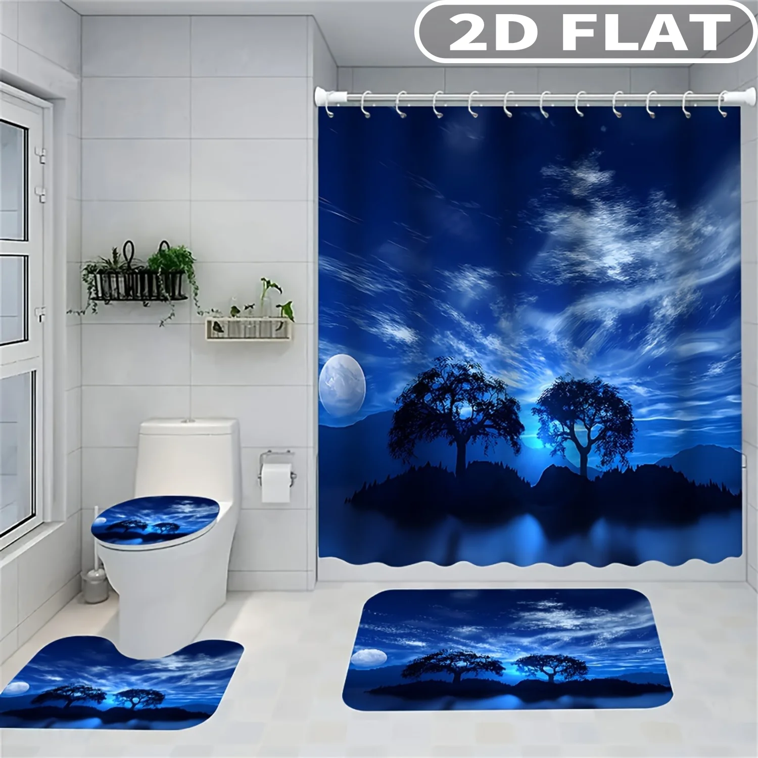 1pc/ 4pcs 2D FLAT Moonlit Night Landscape Trees Pattern Shower Curtain Set, Accessories with Bath Mat, U-shaped Mat, Toilet Lid
1pc/ 4pcs 2D FLAT Moonlit Night Landscape Trees Pattern Shower Curtain Set, Accessories with Bath Mat, U-shaped Mat, Toilet Lid