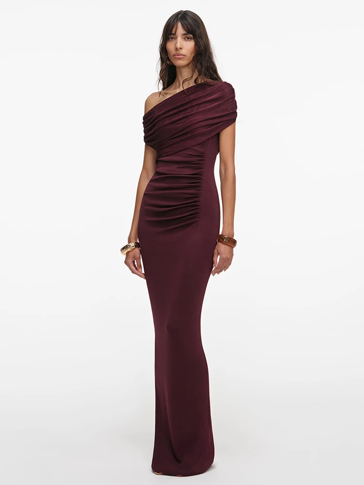 Burgundy One-Shoulder Ruched Maxi Dress Women's Draped Formal Evening Gown Elegant Wedding Guest Red Carpet Dress ropa mujer
Burgundy One-Shoulder Ruched Maxi Dress Women's Draped Formal Evening Gown Elegant Wedding Guest Red Carpet Dress ropa mujer