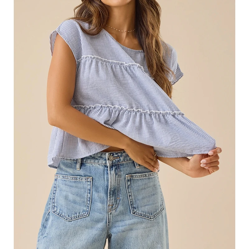 Combhasaki Women Smocked Shirts Y2k Striped Ruched Flowy Ruffle Hem Peplum Pleated Cap Sleeve Teen Girls School Babydoll Blouses
Combhasaki Women Smocked Shirts Y2k Striped Ruched Flowy Ruffle Hem Peplum Pleated Cap Sleeve Teen Girls School Babydoll Blouses