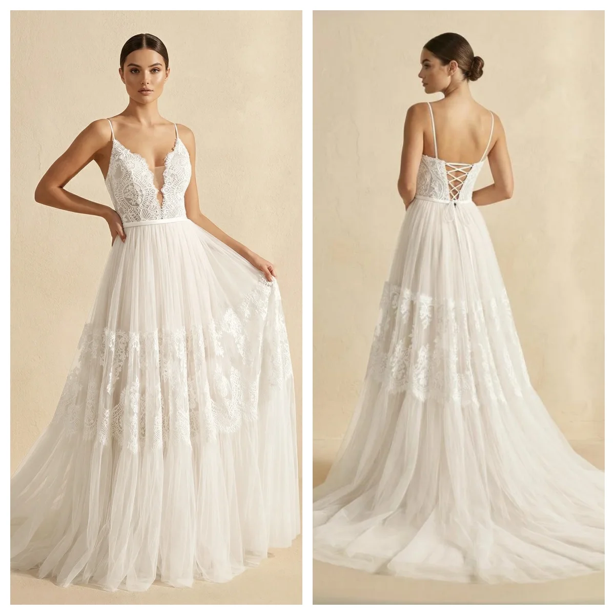 Boho French Tiered Lace Tulle A-Line Scalloped Deep V Corset Lace-Up Back A-Line Lace Wedding Dress Chapel Train Customizable
Boho French Tiered Lace Tulle A-Line Scalloped Deep V Corset Lace-Up Back A-Line Lace Wedding Dress Chapel Train Customizable