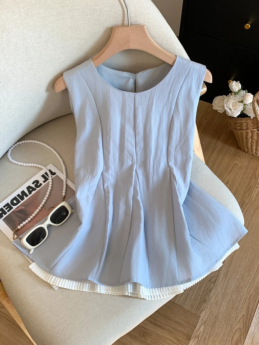 Slimming Effect Summer Shirt Vest Women's Fashion Pleated Sleeveless Top Korean Style Loose Fit round Neck Polyester Fiber
Slimming Effect Summer Shirt Vest Women's Fashion Pleated Sleeveless Top Korean Style Loose Fit round Neck Polyester Fiber
