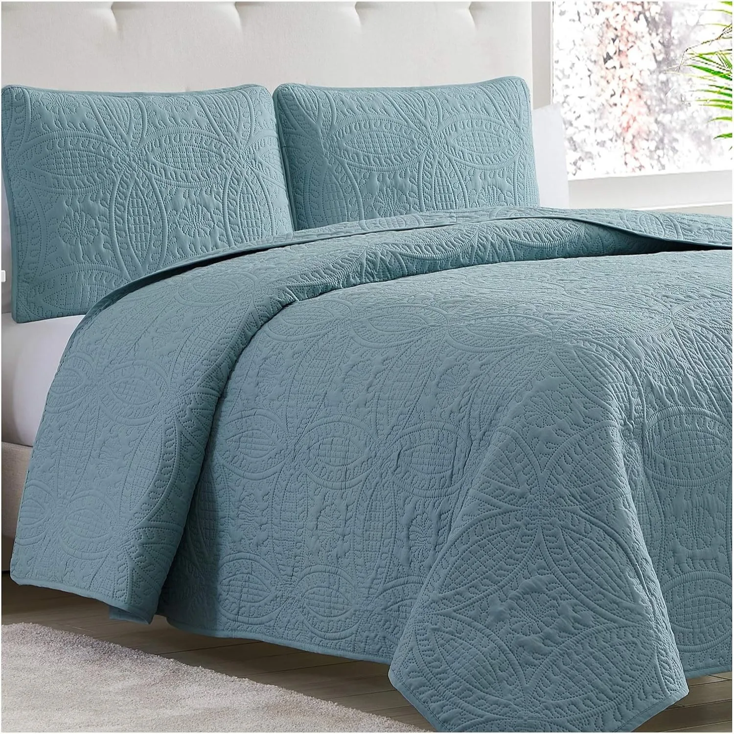 King Bedspread Coverlet Set with Shams - Ultrasonic Quilting, 3 Piece Oversized Quilt for All Seasons - Spa Blue
King Bedspread Coverlet Set with Shams - Ultrasonic Quilting, 3 Piece Oversized Quilt for All Seasons - Spa Blue