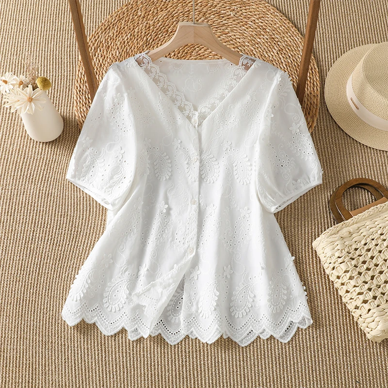 Summer Cotton Linen Embroidered V-neck Shirt Women's plus Size Slimming Top Outerwear New Style Commute Fashion Straight Cut
Summer Cotton Linen Embroidered V-neck Shirt Women's plus Size Slimming Top Outerwear New Style Commute Fashion Straight Cut