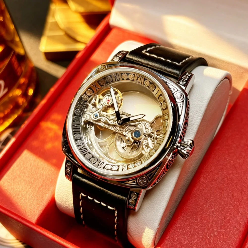 Square Hollow-Out Automatic Mechanical Men's Watch with Hollow-Out Dial, Leather Strap, Waterproof, Luminous, Business Commuter High-End Men's Mechanical Watch
Square Hollow-Out Automatic Mechanical Men's Watch with Hollow-Out Dial, Leather Strap, Waterproof, Luminous, Business Commuter High-End Men's Mechanical Watch