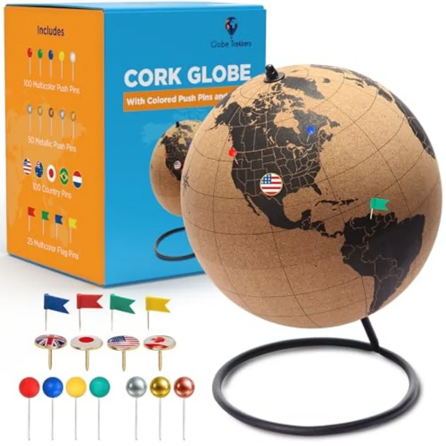 Black Cork Globe with Push Pins - 7.9" Tall Globe with Map of the World and Rotating Stand for Adults 100 Metallic and 100 Colo
Black Cork Globe with Push Pins - 7.9" Tall Globe with Map of the World and Rotating Stand for Adults 100 Metallic and 100 Colo