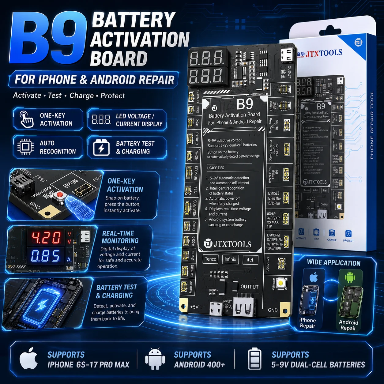 JTX B9 Battery Activation Board with LED Display for iPhone 6S-17 Pro Max Android Phone Repair Battery Tester Charger Tool
JTX B9 Battery Activation Board with LED Display for iPhone 6S-17 Pro Max Android Phone Repair Battery Tester Charger Tool