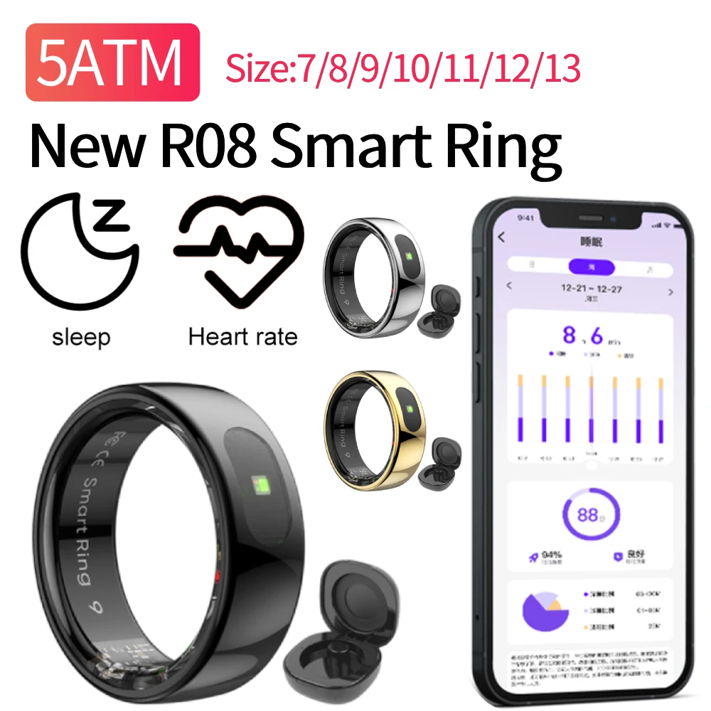 Smart Ring R08 Womens Men Electronic Smartring 5ATM Waterproof Health and Sleep Monitor Sports Fitness Tracker for Phone
Smart Ring R08 Womens Men Electronic Smartring 5ATM Waterproof Health and Sleep Monitor Sports Fitness Tracker for Phone