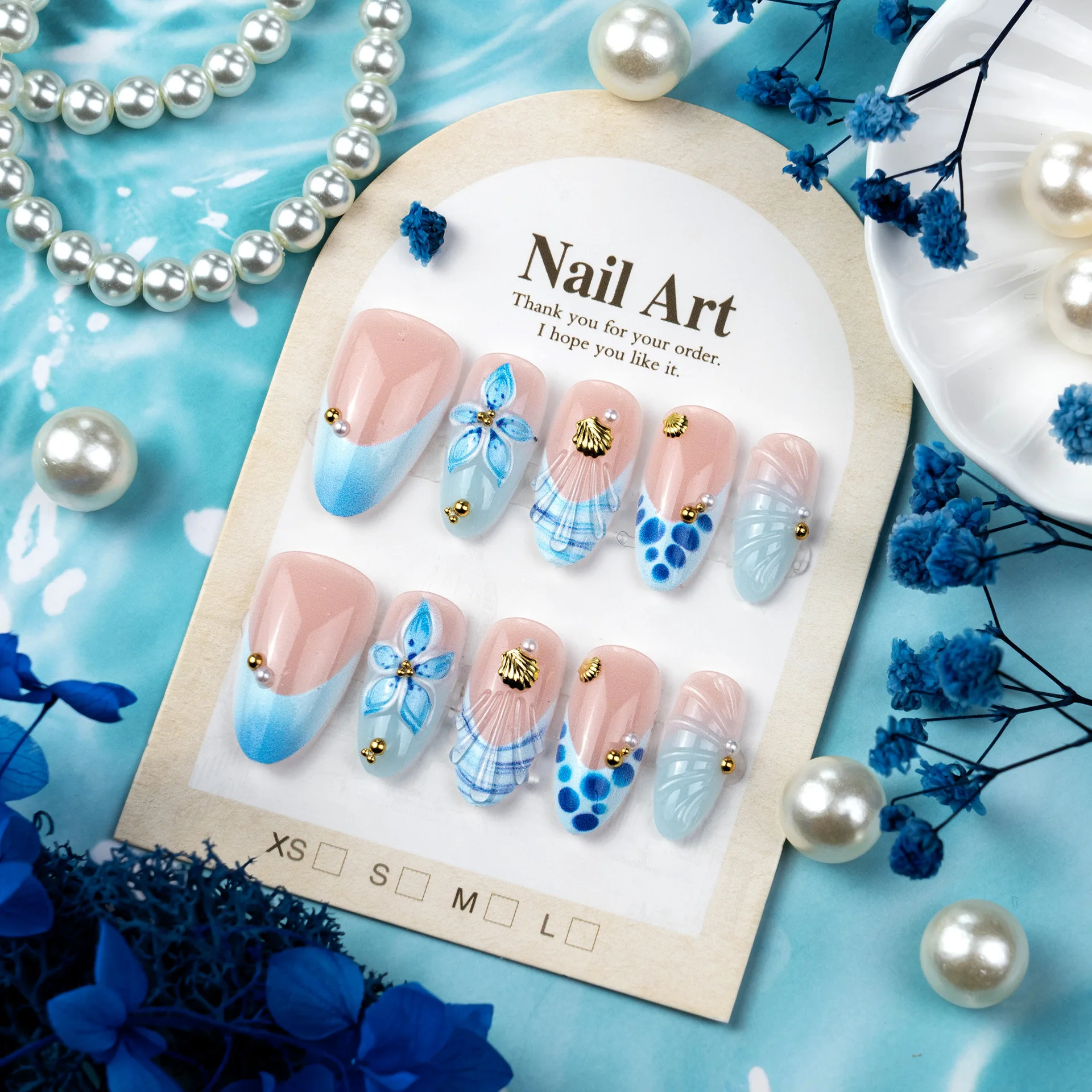 24PCS Beach Ocean Press on Nails 3D Shell Flower False Nails Blue French Tip Acrylic Nail Tips with Gold Pearl Decor for Summer
24PCS Beach Ocean Press on Nails 3D Shell Flower False Nails Blue French Tip Acrylic Nail Tips with Gold Pearl Decor for Summer