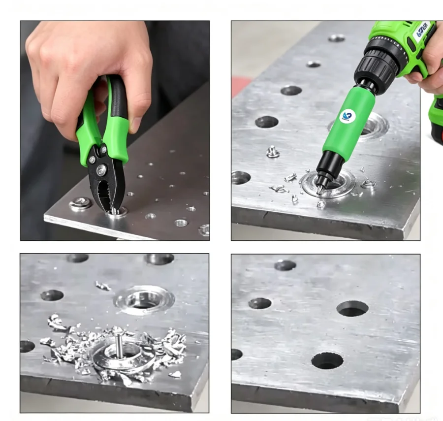 Rivet removal tool set for removing rivets, rivet extractor for removing and dismantling rivets, rivet puller for pulling rivets