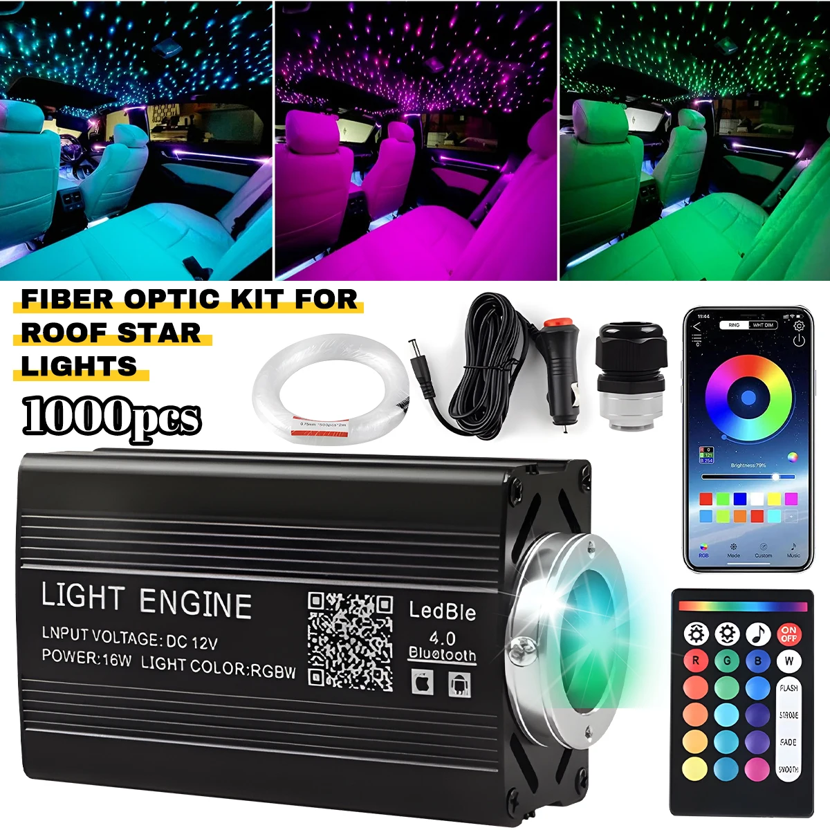Car Starlight Headliner Kit 16W RGBW Fiber Optic Light, 1000pcs 0.5mm 2m Fibers, Bluetooth APP & Remote Control, Twinkle Star Effect for Car, Home, and Decoration
Car Starlight Headliner Kit 16W RGBW Fiber Optic Light, 1000pcs 0.5mm 2m Fibers, Bluetooth APP & Remote Control, Twinkle Star Effect for Car, Home, and Decoration