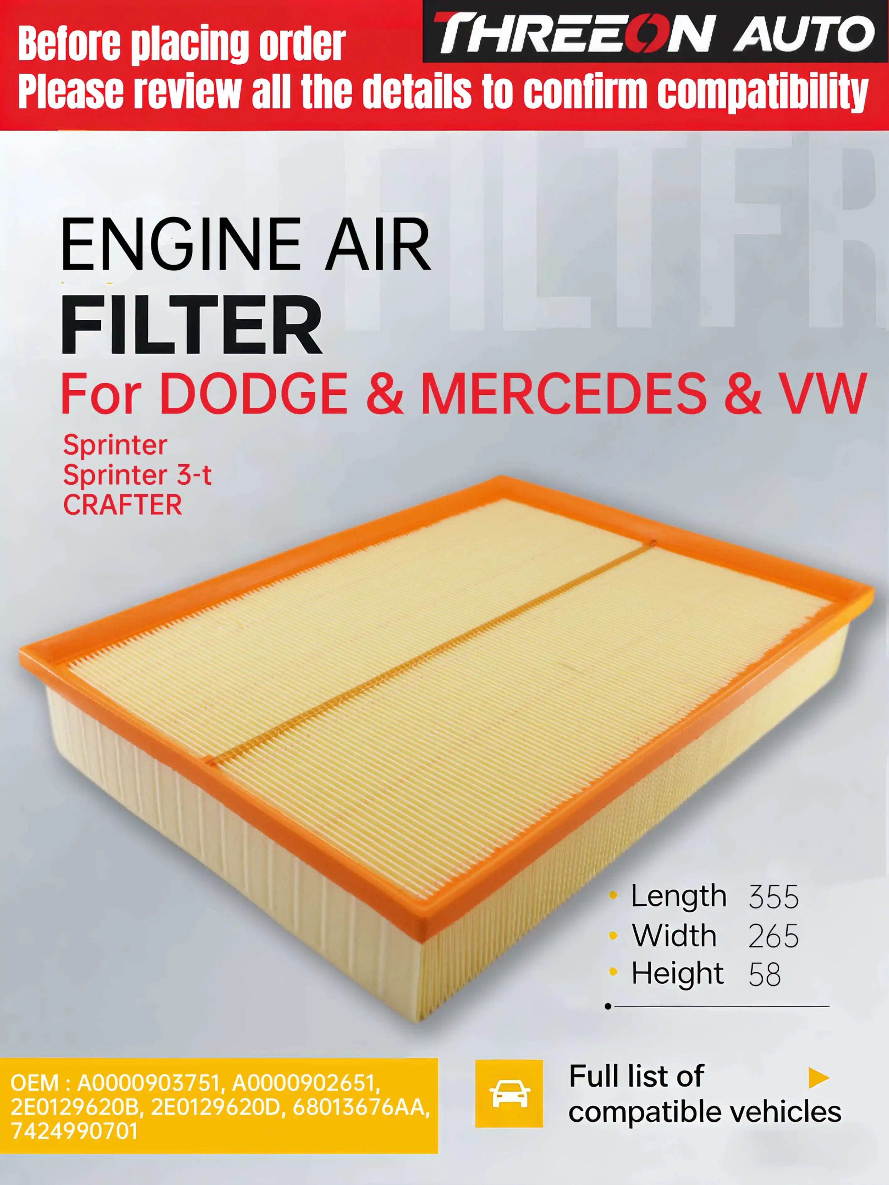 THREEON TOA4312/1 Air Filter For MERCEDES-BENZ SPRINTER B906 2009-2019 For VW CRAFTER 2006-2016 A0000902651 A0000903751
THREEON TOA4312/1 Air Filter For MERCEDES-BENZ SPRINTER B906 2009-2019 For VW CRAFTER 2006-2016 A0000902651 A0000903751
