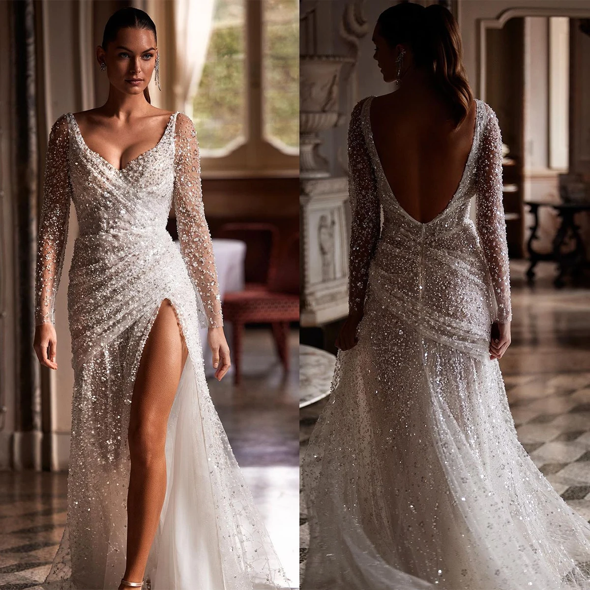 Luxury V-Neck Women Wedding Dress Side Split Pearls Crystals Bridal Dresses For Female Long Seleeves Backless Custom Made
Luxury V-Neck Women Wedding Dress Side Split Pearls Crystals Bridal Dresses For Female Long Seleeves Backless Custom Made