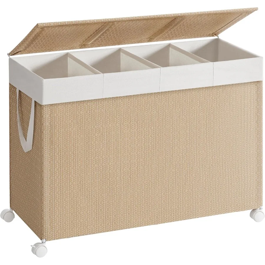 Большая корзина для белья на колесиках объемом 180 л с 4 секциями и колесами для домашнего использования. Корзина для одежды с текстурой ротанга с крышкой и съемной крышкой.
Большая корзина для белья на колесиках объемом 180 л с 4 секциями и колесами для домашнего использования. Корзина для одежды с текстурой ротанга с крышкой и съемной крышкой.