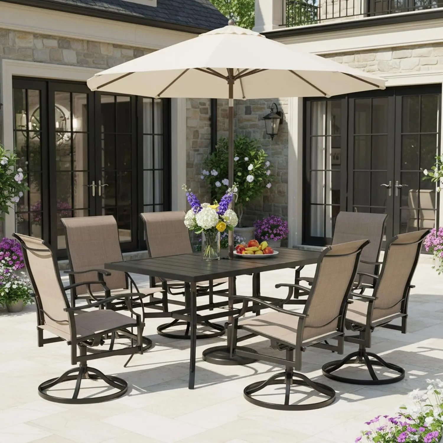 7 Piece Patio Dining Set,6 Textilene Swivel Chairs & 69.7in Metal Table Umbrella Hole Outdoor,Customized
7 Piece Patio Dining Set,6 Textilene Swivel Chairs & 69.7in Metal Table Umbrella Hole Outdoor,Customized