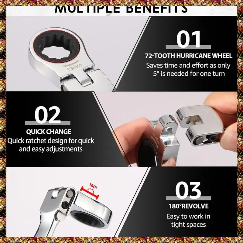 BTCL Flex Head Ratcheting Wrench Set, 8-19Mm Metric Ratchet Wrench Tool With Interchangeable Heads & Storage
BTCL Flex Head Ratcheting Wrench Set, 8-19Mm Metric Ratchet Wrench Tool With Interchangeable Heads & Storage