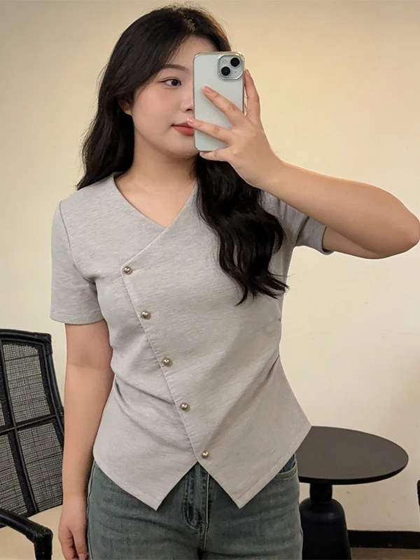plus Size Irregular Design Short Sleeve V-Neck T-Shirt Women's Summer New Waist-Cinching Shoulder-Length Slimming Top
plus Size Irregular Design Short Sleeve V-Neck T-Shirt Women's Summer New Waist-Cinching Shoulder-Length Slimming Top