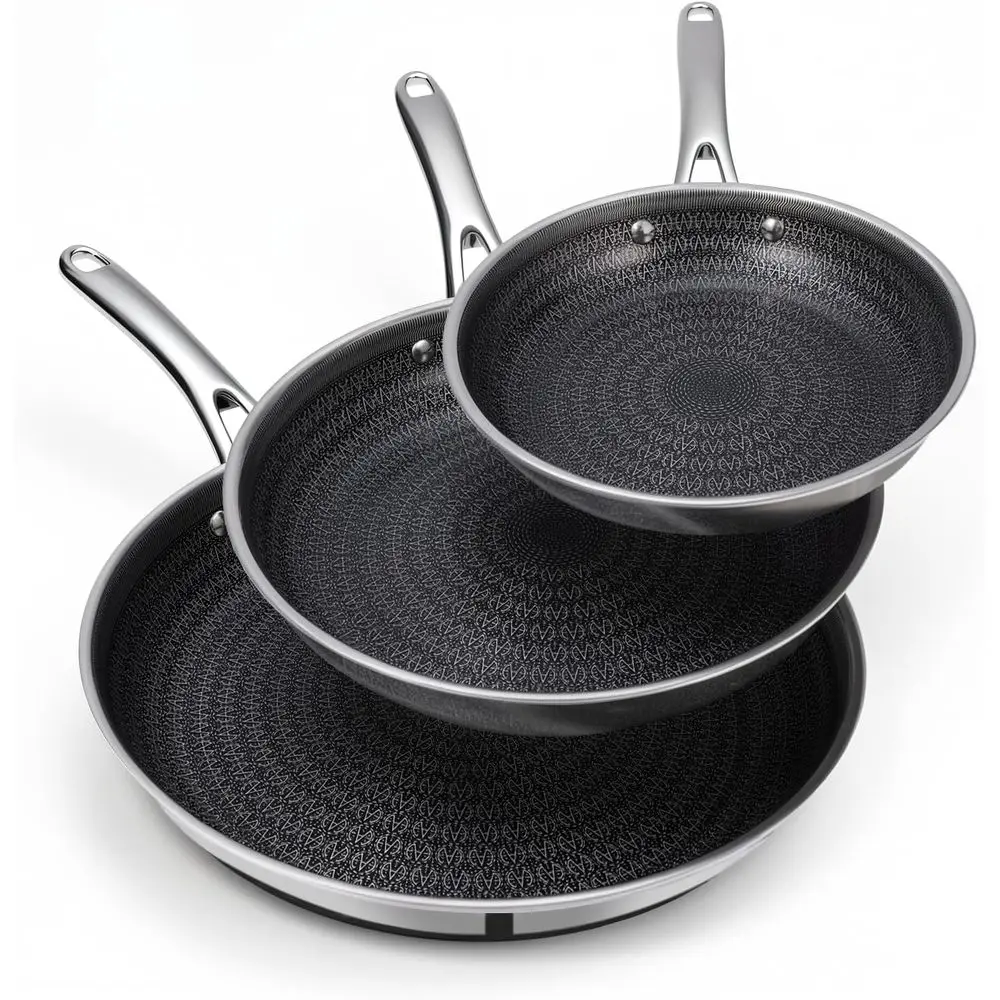 Tri-Ply Stainless Steel Frying Pan Set, 8-11 Sizes, Non-Stick, Dishwasher Safe, Induction Ready, Black Interior
Tri-Ply Stainless Steel Frying Pan Set, 8-11 Sizes, Non-Stick, Dishwasher Safe, Induction Ready, Black Interior