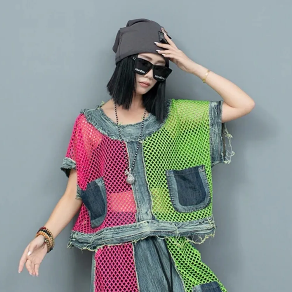 Contrasting Color Denim Patchwork Mesh Short Sleeved T-shirt Women 2024 Summer LX1340
Contrasting Color Denim Patchwork Mesh Short Sleeved T-shirt Women 2024 Summer LX1340