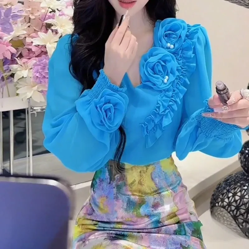 Flower Decoration V-neck Solid Color Long Sleeved Shirt Korean Version Women's Shirt Top 2026 Spring Summer Autumn Casual Top
Flower Decoration V-neck Solid Color Long Sleeved Shirt Korean Version Women's Shirt Top 2026 Spring Summer Autumn Casual Top