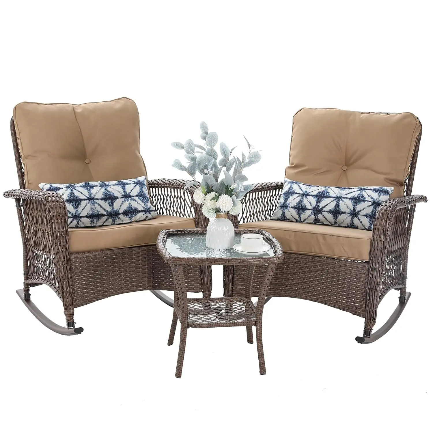 Комплект садовой мебели из 3 предметов: плетеный бистро-набор с толстыми подушками, уличные кресла-качалки и кофейный столик, на заказ
Комплект садовой мебели из 3 предметов: плетеный бистро-набор с толстыми подушками, уличные кресла-качалки и кофейный столик, на заказ