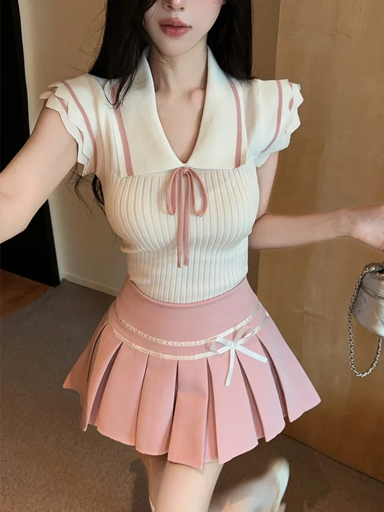 Sweet Korean Style Knitted Slim Fit Top And Pleated Skirt Two Piece Set Pink Girl Feeling Commute Style Short Sleeve Dress
Sweet Korean Style Knitted Slim Fit Top And Pleated Skirt Two Piece Set Pink Girl Feeling Commute Style Short Sleeve Dress