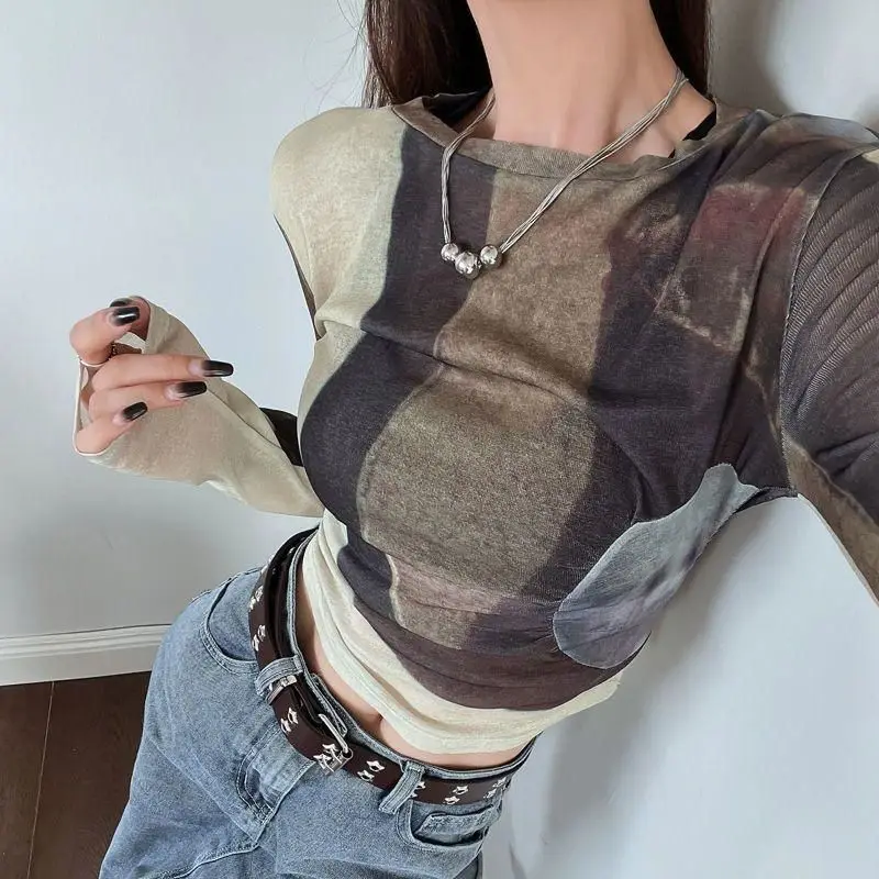 Short Long-sleeved Sunscreen Bottomed T-shirt Contrasting Color Smudge Crew Neck Slim Mesh Women's Top
Short Long-sleeved Sunscreen Bottomed T-shirt Contrasting Color Smudge Crew Neck Slim Mesh Women's Top