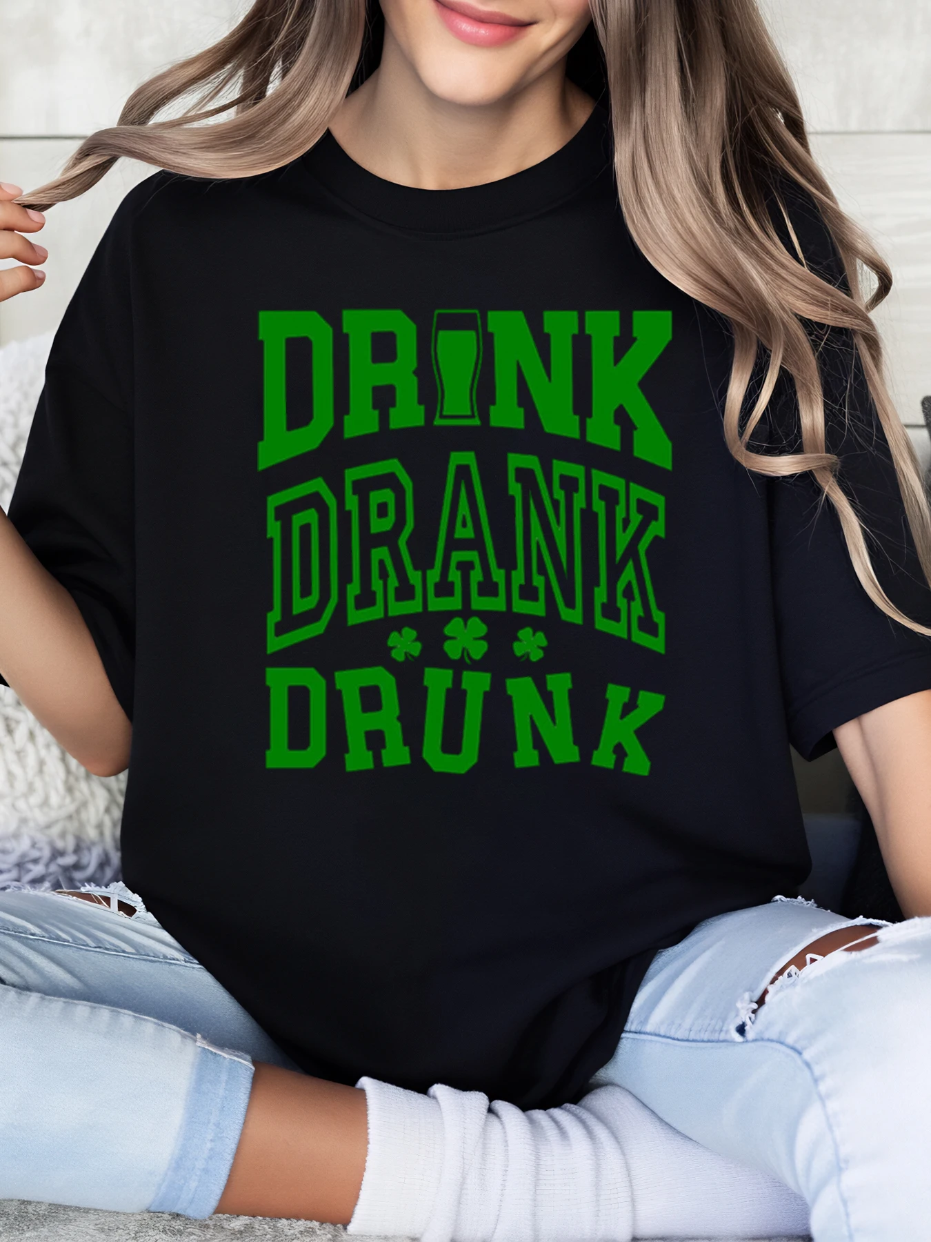 Drink Drank Drunk St Patrick's Day T-Shirt Women Casual Party Outfit Black Plus-Size
Drink Drank Drunk St Patrick's Day T-Shirt Women Casual Party Outfit Black Plus-Size