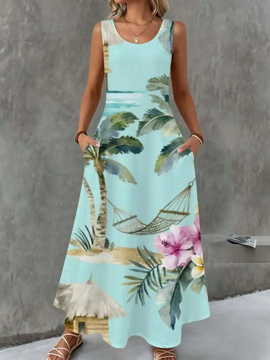 Sleeveless Maxi Dress Light Blue Tropical Palm Tree Hammock Print Beach Vacation Summer Womens Fashion
Sleeveless Maxi Dress Light Blue Tropical Palm Tree Hammock Print Beach Vacation Summer Womens Fashion