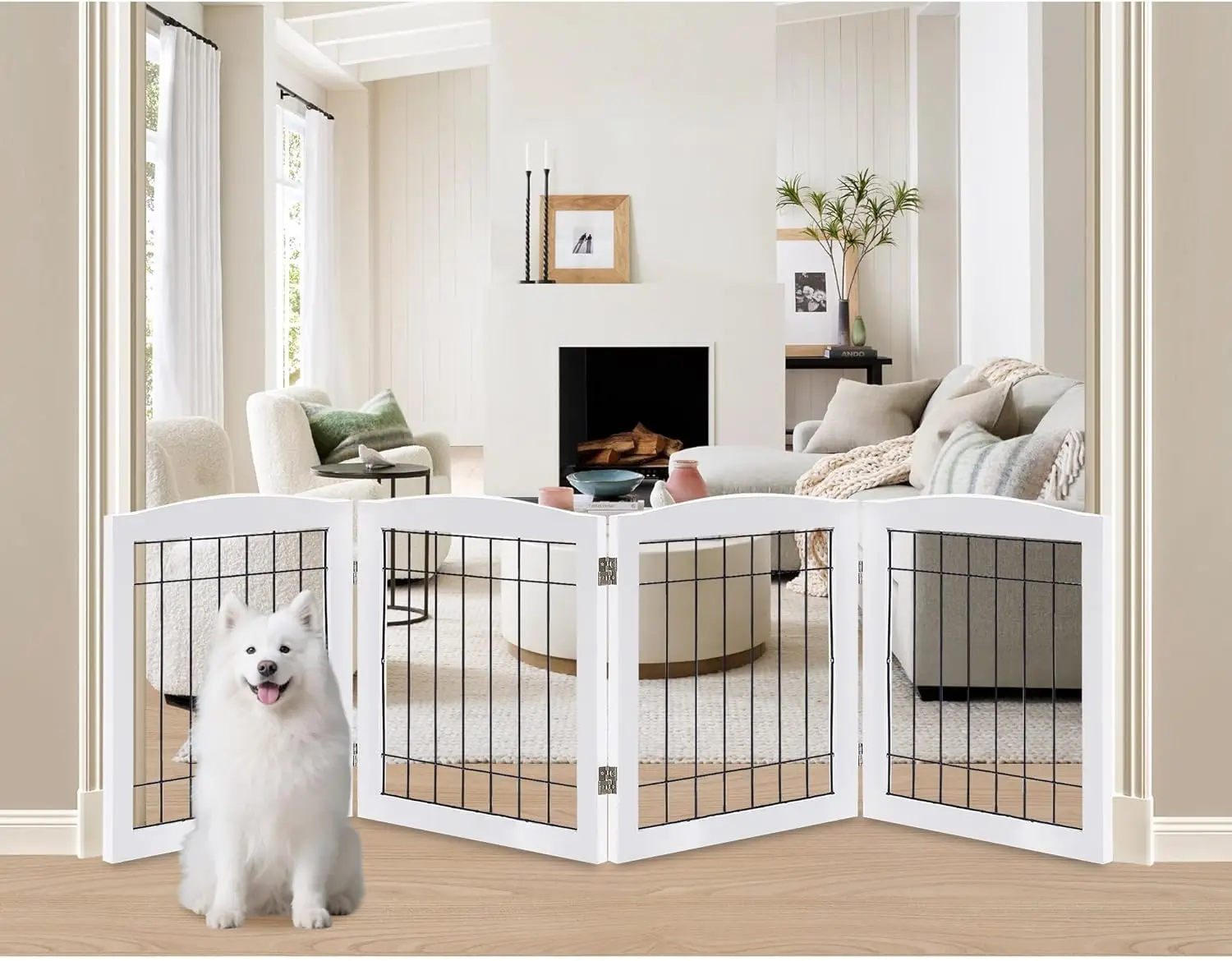 4-Panel Extra-Wide Wooden Freestanding Dog Gate: Foldable Solid Wood & Steel Wire Safety Barrier for Doorways, Stairs, Large Open Spaces, Indoor Use, White
4-Panel Extra-Wide Wooden Freestanding Dog Gate: Foldable Solid Wood & Steel Wire Safety Barrier for Doorways, Stairs, Large Open Spaces, Indoor Use, White