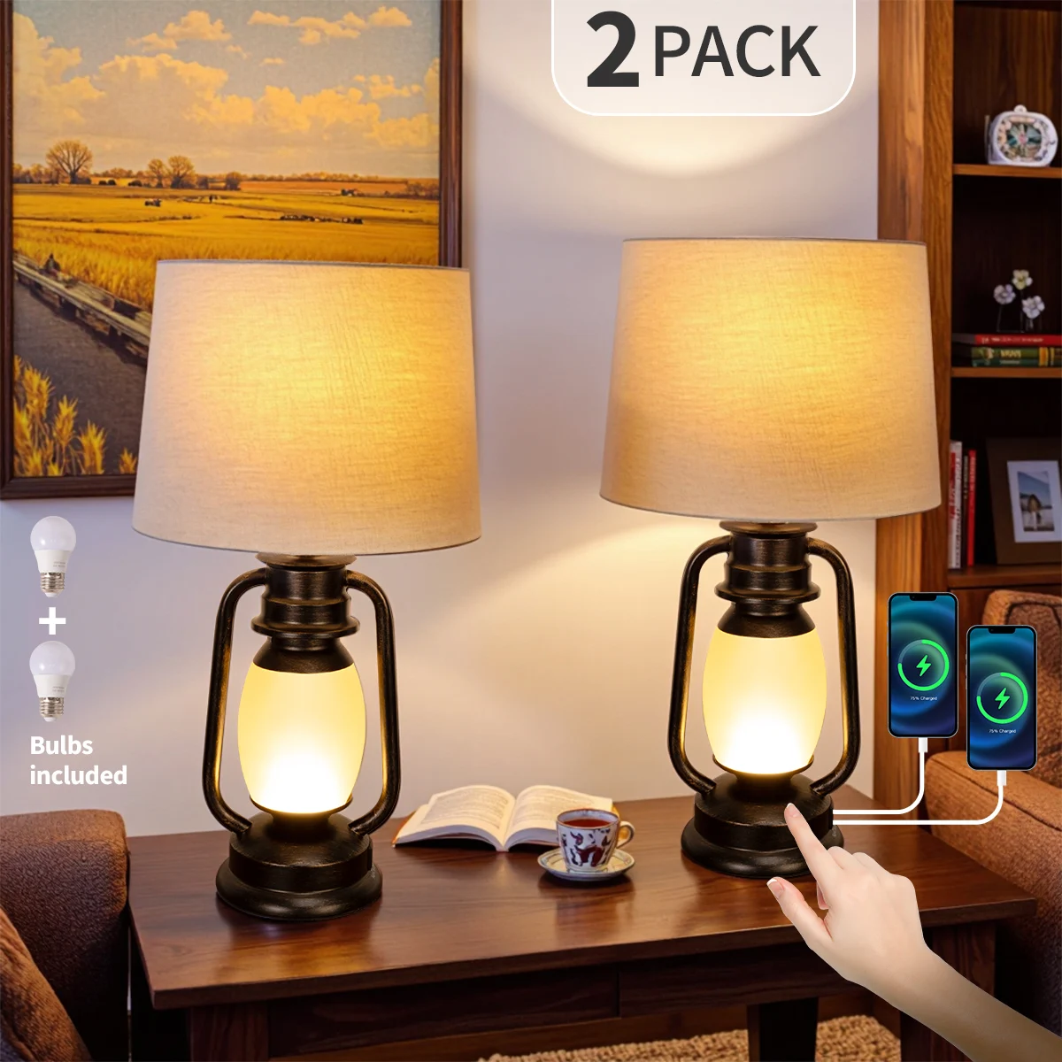 Retro Miner's Table Lamp 2-Pack with Bulb, Double Usp Port, Comes with Night Light Mode, Suitable for Living Room, Bedroom Bedside Lamp, Study Lighting
Retro Miner's Table Lamp 2-Pack with Bulb, Double Usp Port, Comes with Night Light Mode, Suitable for Living Room, Bedroom Bedside Lamp, Study Lighting