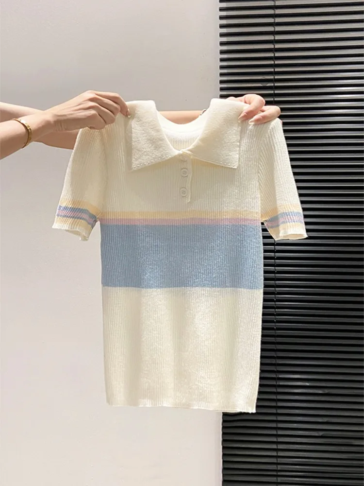 College Style Color Block Neck Knitted Shirt Women Summer New Turn Collar Button Short Sleeve Striped Top Breathable Sof...
College Style Color Block Neck Knitted Shirt Women Summer New Turn Collar Button Short Sleeve Striped Top Breathable Sof...