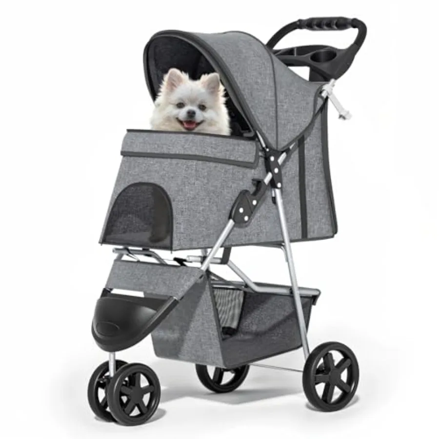 Pet dog and cat stroller for small to medium pets, lightweight foldable 3-wheel jogger with gray fabric, spacious storage baske
Pet dog and cat stroller for small to medium pets, lightweight foldable 3-wheel jogger with gray fabric, spacious storage baske