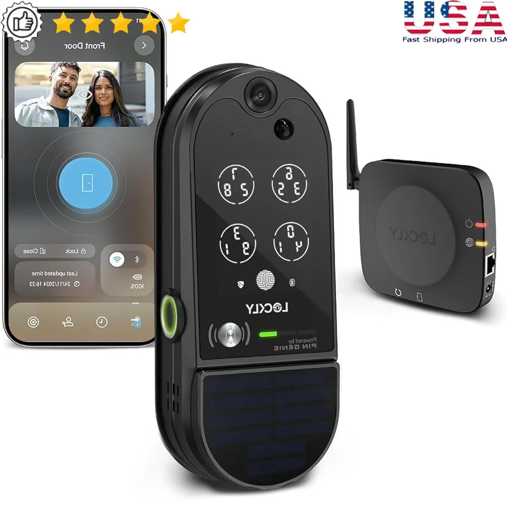Smart Wi-Fi Video Door Lock with Camera Fingerprint Sensor PIN Genie Keypad Two-Way Audio Solar Charging Motion Detection
Smart Wi-Fi Video Door Lock with Camera Fingerprint Sensor PIN Genie Keypad Two-Way Audio Solar Charging Motion Detection