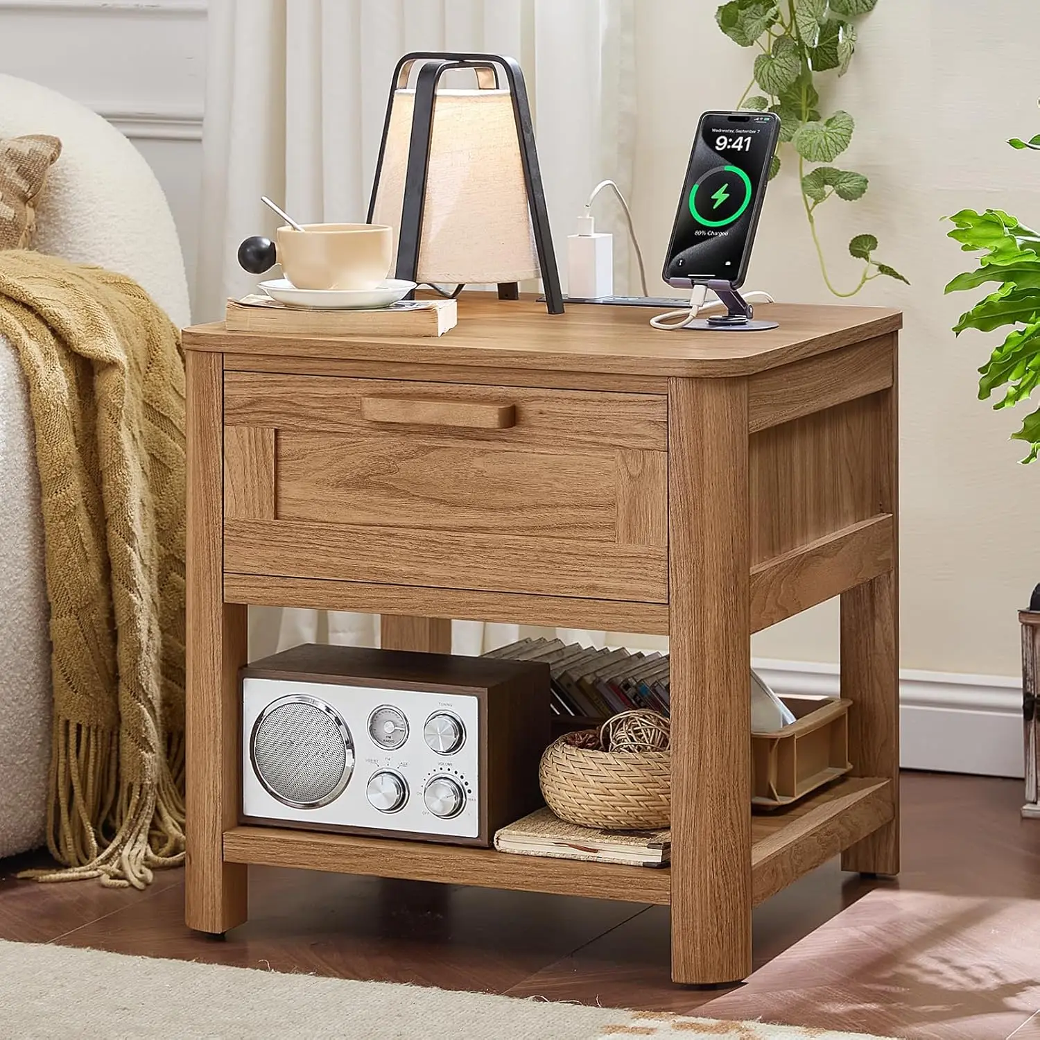 Farmhouse End Table with Charging Station,19.7" Nightstand with Drawer,Dark Wood Night Stand with Open Storage Shelf,Rustic W
Farmhouse End Table with Charging Station,19.7" Nightstand with Drawer,Dark Wood Night Stand with Open Storage Shelf,Rustic W