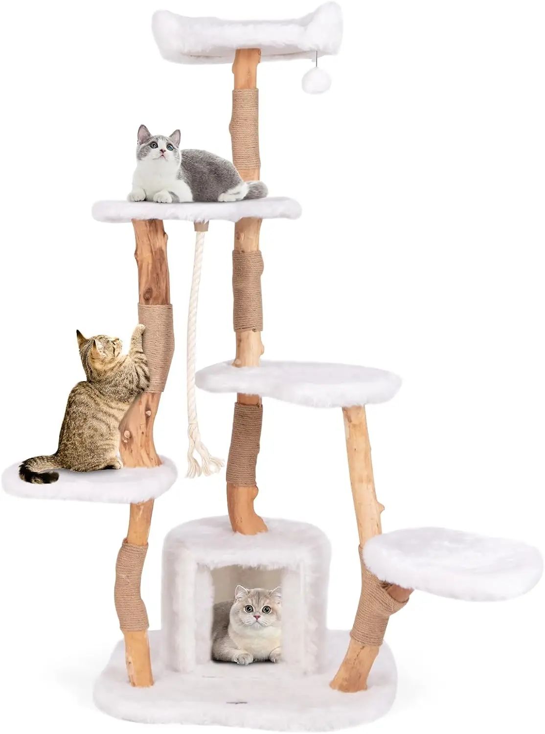 Solid Wood Cat Tree, Modern Wooden Cat Tower with Jute Scratching Posts, Perch, Condo, Sisal Rope, Dangling Ball
Solid Wood Cat Tree, Modern Wooden Cat Tower with Jute Scratching Posts, Perch, Condo, Sisal Rope, Dangling Ball