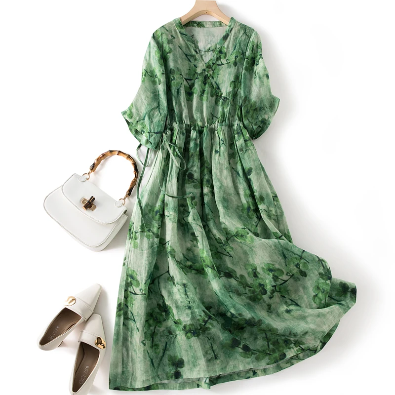 Cotton Linen Green Printed Women Dress Summer V-Neck Drawstring Loose Knee-Length Elegant Female Clothing Top Quality
Cotton Linen Green Printed Women Dress Summer V-Neck Drawstring Loose Knee-Length Elegant Female Clothing Top Quality