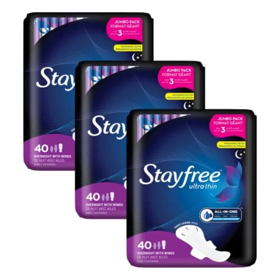 Stayfree Ultra Tin Overnig Pa wit Wings, Women, Reliable Protection and orncy of Moisture, Leaks and Pe, 40 count - Pack of 3
Stayfree Ultra Tin Overnig Pa wit Wings, Women, Reliable Protection and orncy of Moisture, Leaks and Pe, 40 count - Pack of 3