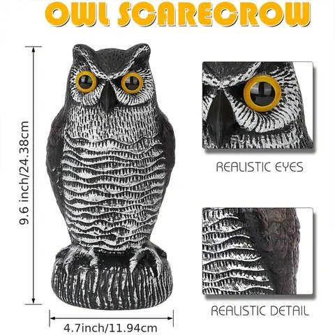 Realistic Solar Fake Owl Decoy Plastic Owl Scarecrow Sculpture with Red Flashing Eyes and Sound For Garden Yard Scare Birds