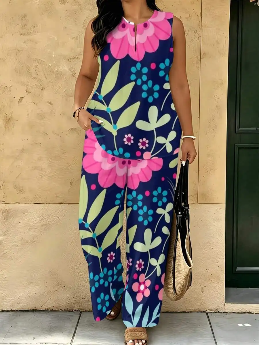 2PCS Women Casual V-Neck Sleeveless Top And Long Pants With Pink Blue Floral Print
2PCS Women Casual V-Neck Sleeveless Top And Long Pants With Pink Blue Floral Print