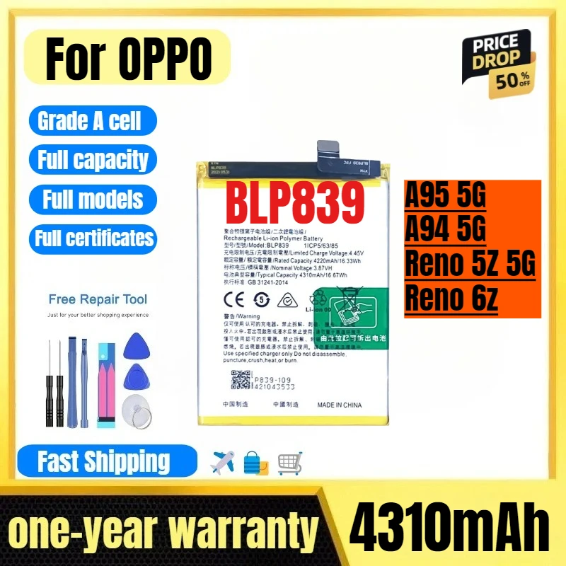 BLP839 for OPPO A95 5G/A94 5G/Reno 5Z 5G/Reno 6z Phone Battery High Quality High Capacity Replacement Bateria Grade A Cell
BLP839 for OPPO A95 5G/A94 5G/Reno 5Z 5G/Reno 6z Phone Battery High Quality High Capacity Replacement Bateria Grade A Cell