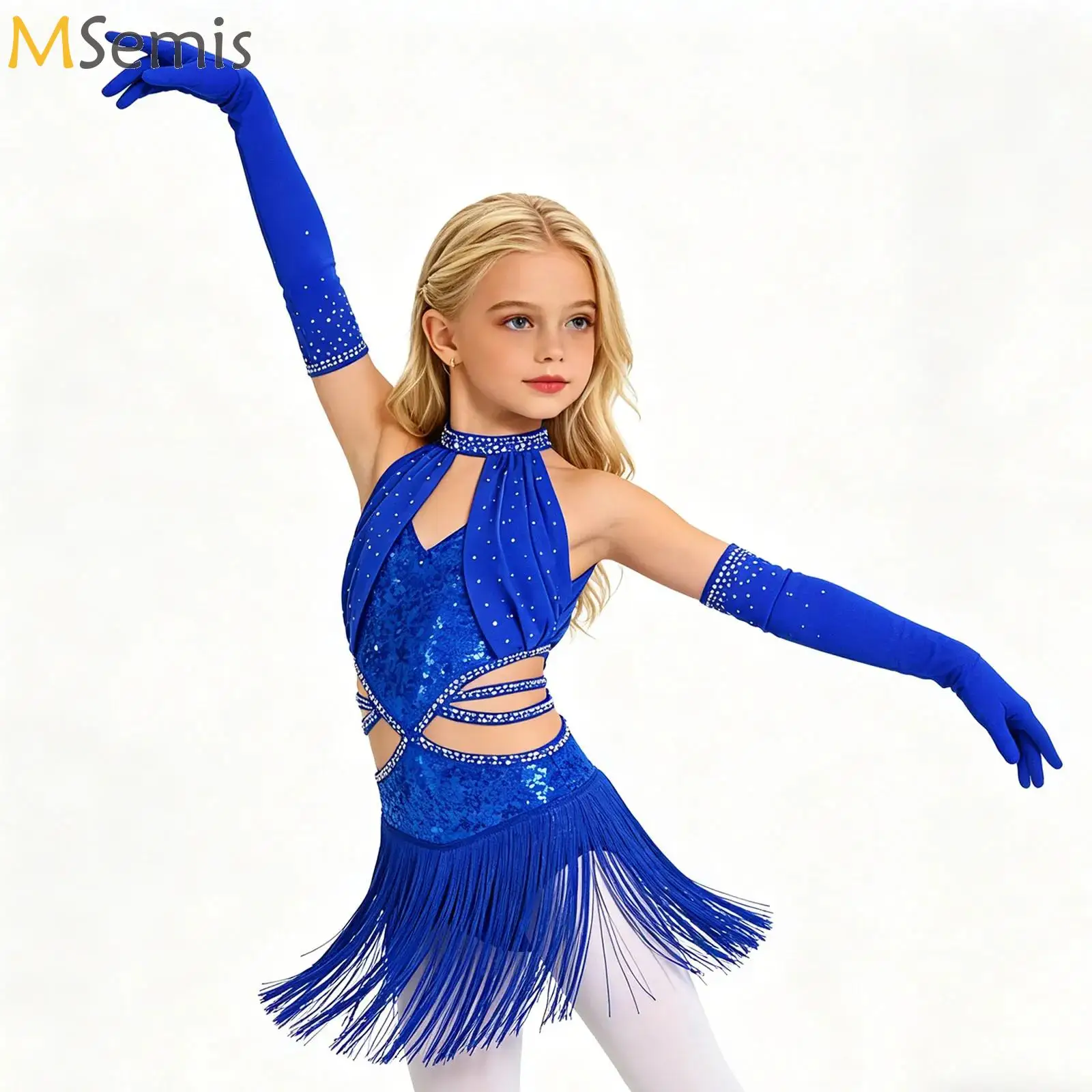 Kids Girls Tassels Latin Dance Dress Ruched Mesh Overlay Bodice Glittery Sequin Ballet Leotard with Gloves Performance Costume
Kids Girls Tassels Latin Dance Dress Ruched Mesh Overlay Bodice Glittery Sequin Ballet Leotard with Gloves Performance Costume